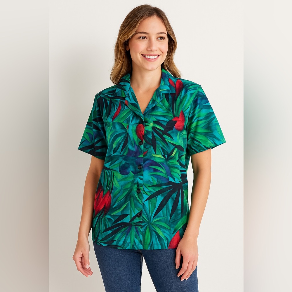 Vintage Stuart Lang Hawaiian Tropical Green and Red Women's Top